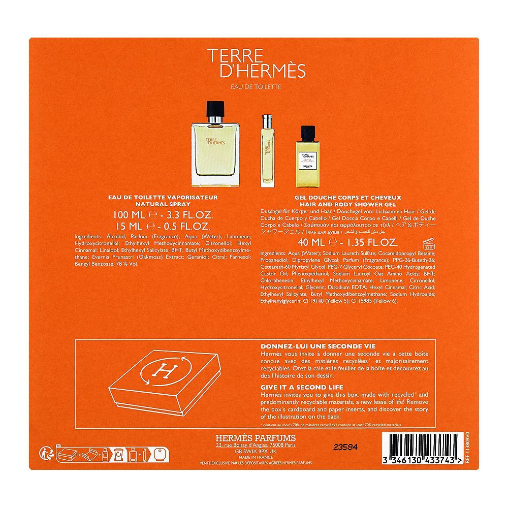 Hermes Terre D'Hermes Gift Set: Parfume 100ml + Parfume 15ml + Shower Gel 40ml, For Men, 3-Pack - Image 3