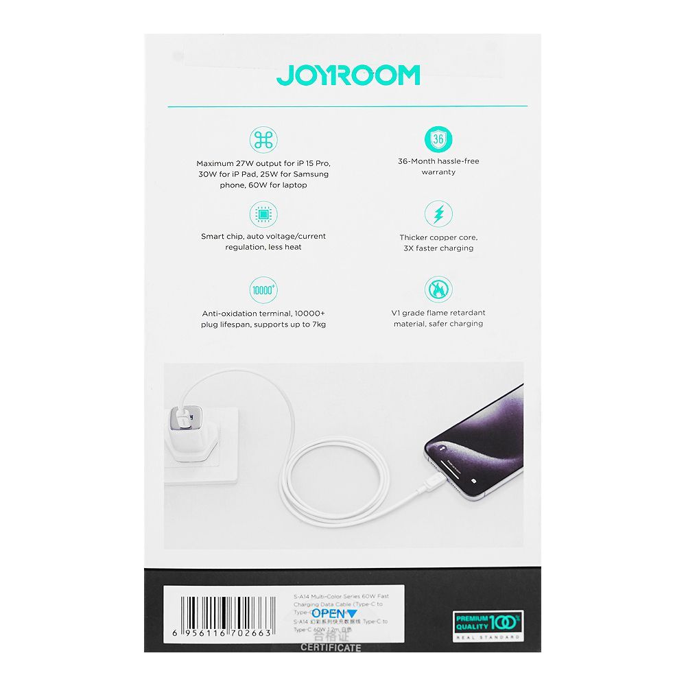 Joyroom Fast Charging Data Cable (Type-C to Type-C, 1.2m, 60W), White S-A14 - Image 4