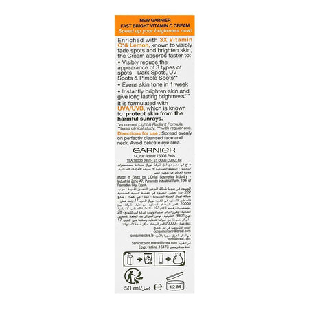 Garnier SkinActive Fast Bright Vitamin C & Lemon Day Cream with UV Filter, 50ml - Image 2