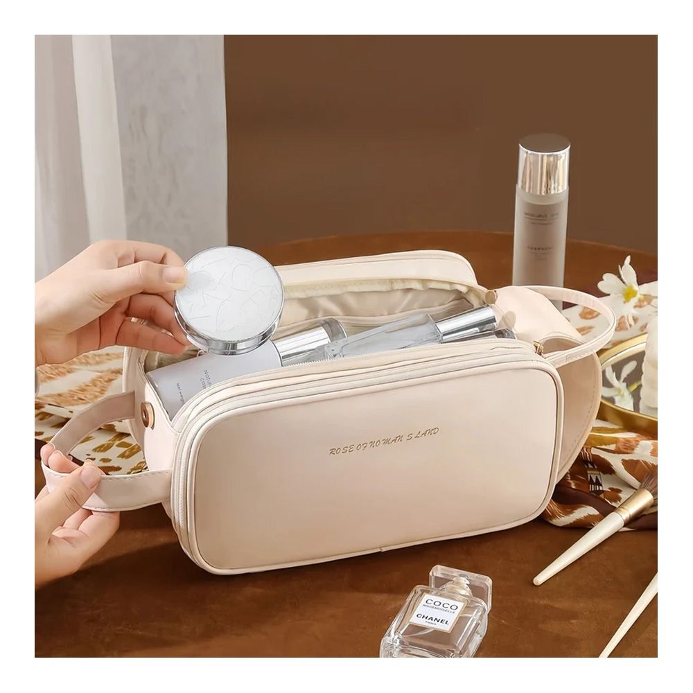 Large Waterproof Leather Makeup Bag, Portable Travel Cosmetic Organizer, White - Main Image