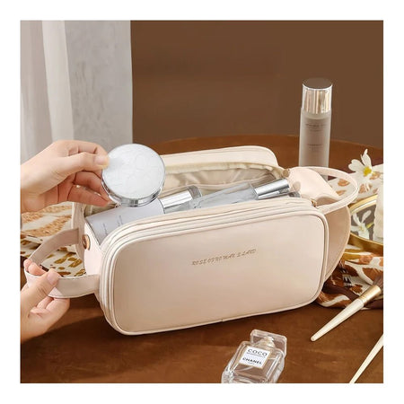 Large Waterproof Leather Makeup Bag, Portable Travel Cosmetic Organizer, White - Main Image