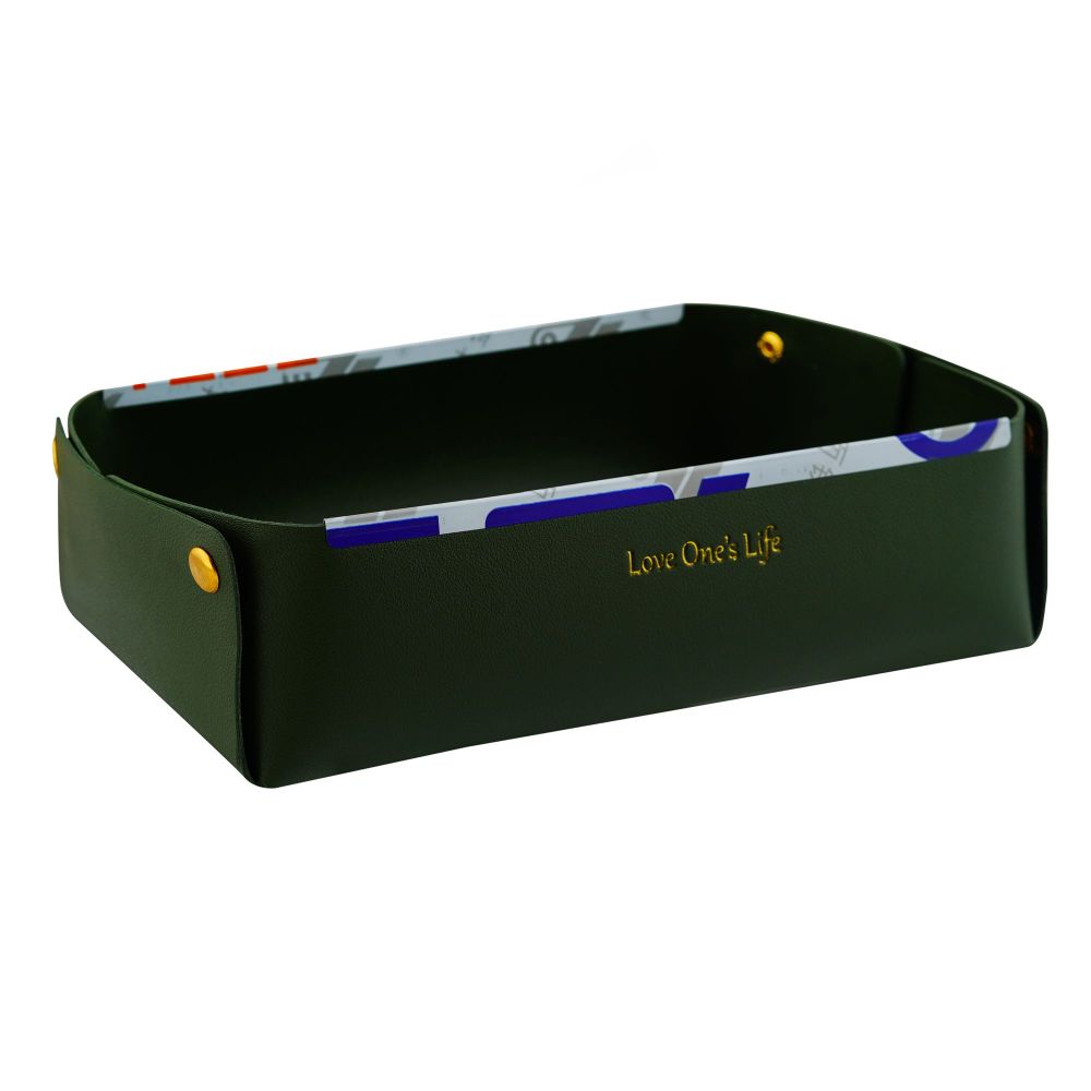 Elegant Leather Valet Tray Jewelry & Cosmetic Organizer, Dark Green - Main Image
