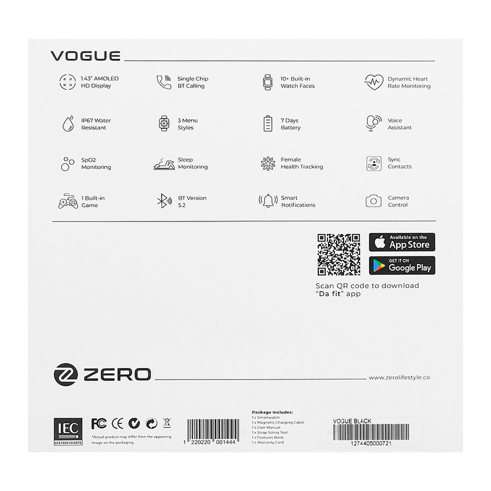 Zero 1.43" Amoled HD Display Vogue Smart Watch, IP67 Water Resistant, Black - Image 4