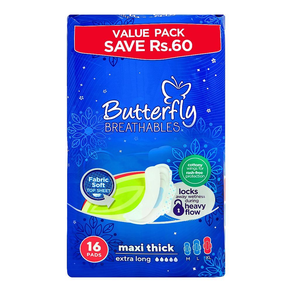 Butterfly Breathables Maxi Thick Extra Long Pads Value Pack, 16-Pack Save Rs.60/- - Main Image