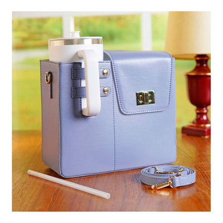 Leather Crossbody Bottle & Tumbler Travel Bag with Adjustable Shoulder Strap, Pastel Blue - Image 3