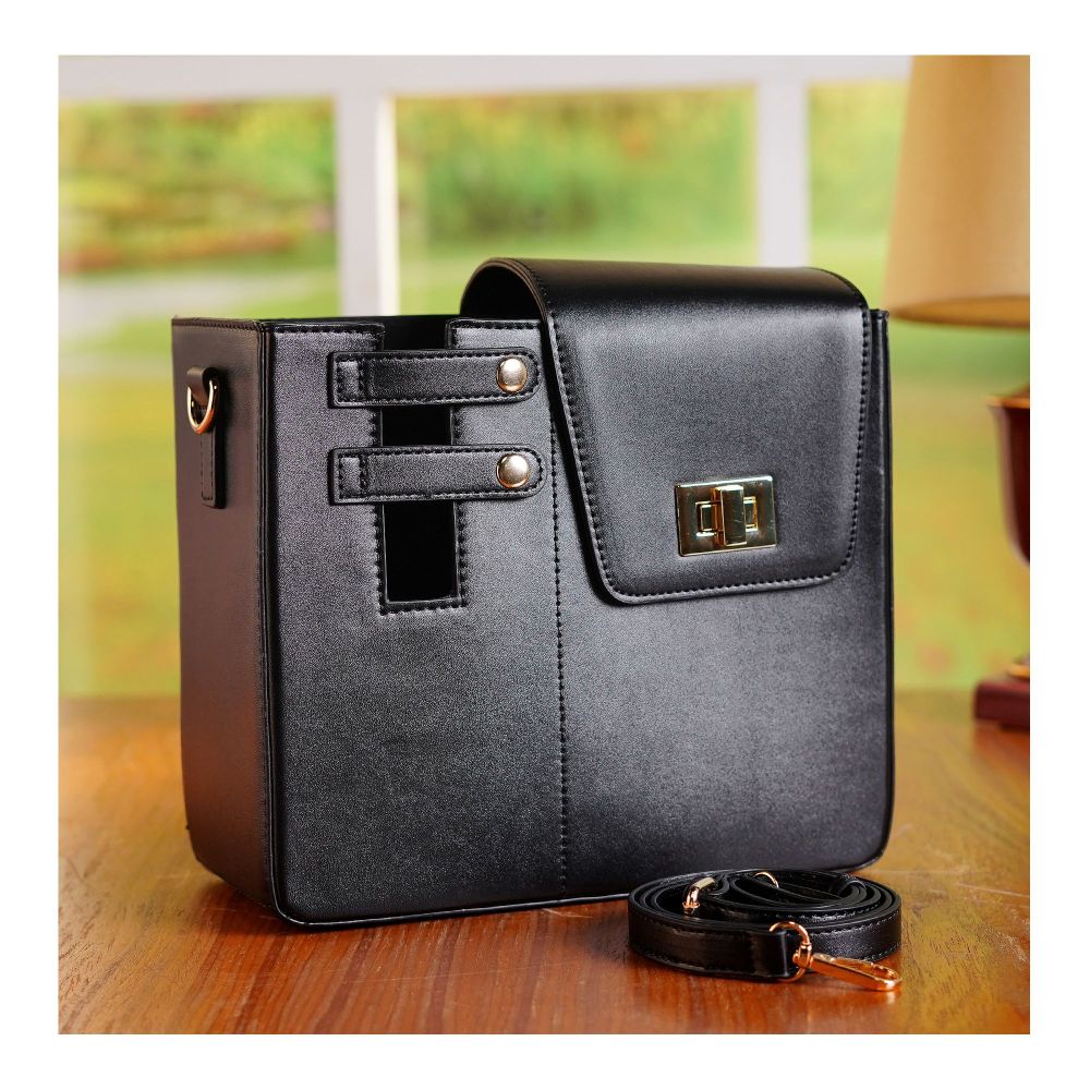 Leather Crossbody Bottle & Tumbler Travel Bag with Adjustable Shoulder Strap, Black - Main Image