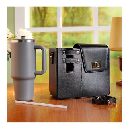 Leather Crossbody Bottle & Tumbler Travel Bag with Adjustable Shoulder Strap, Black - Image 2