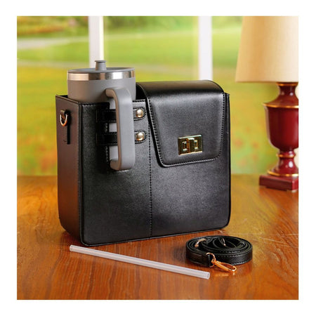 Leather Crossbody Bottle & Tumbler Travel Bag with Adjustable Shoulder Strap, Black - Image 3