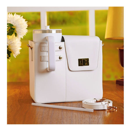 Leather Crossbody Bottle & Tumbler Travel Bag with Adjustable Shoulder Strap, White - Image 2