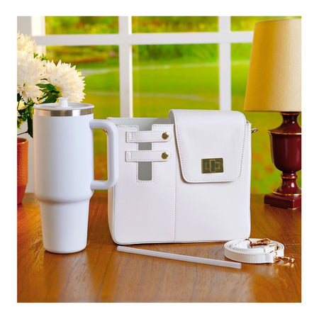 Leather Crossbody Bottle & Tumbler Travel Bag with Adjustable Shoulder Strap, White - Image 3