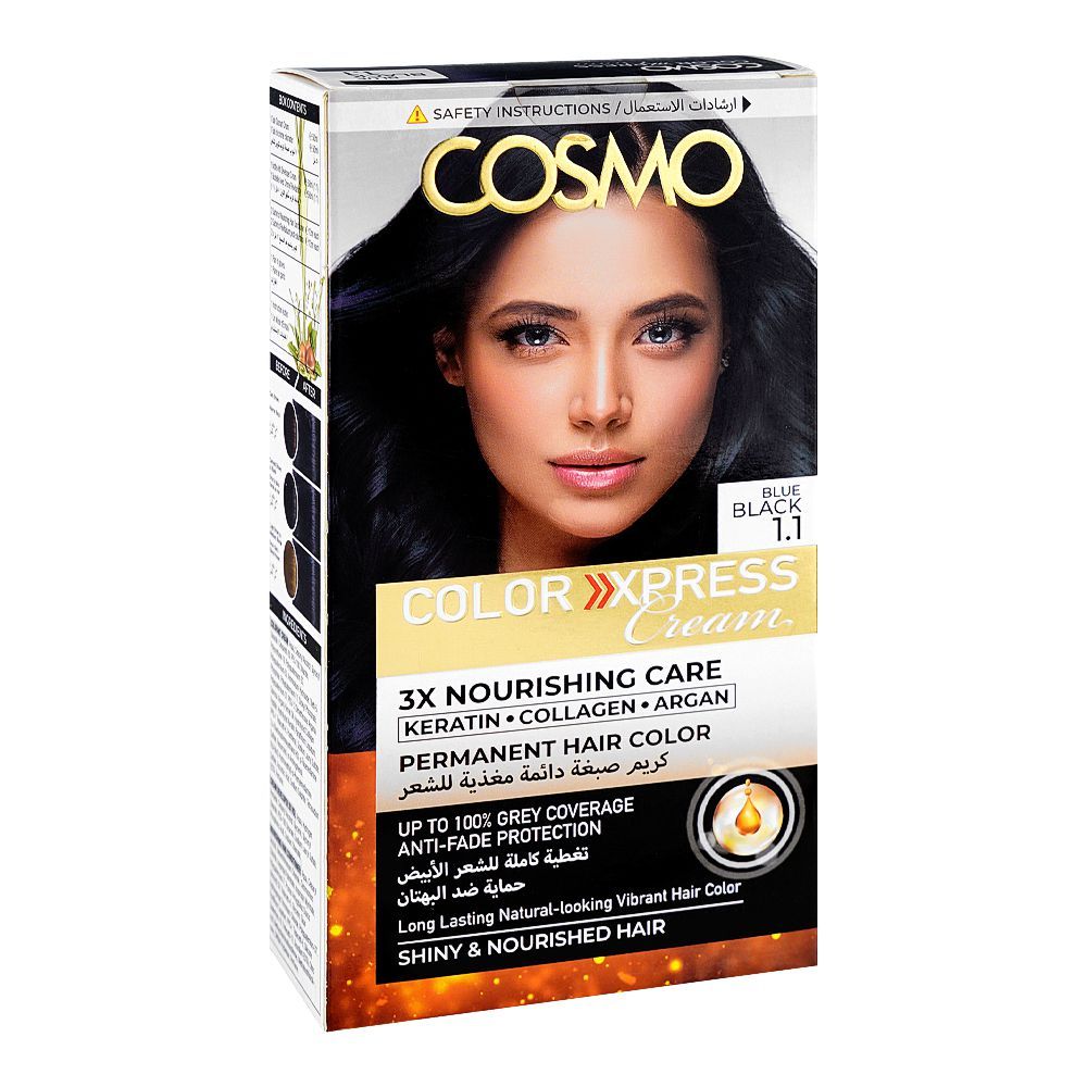 Cosmo Color Xpress 3X Nourishing Care Permanent Hair Color - Salon-Quality Hair Dye, 1.1 Blue Black - Main Image