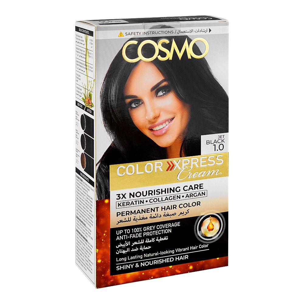 Cosmo Color Xpress 3X Nourishing Care Permanent Hair Color - Salon-Quality Hair Dye, 1.0 Jet Black - Main Image