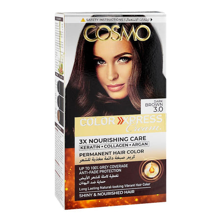 Cosmo Color Xpress 3X Nourishing Care Permanent Hair Color - Salon-Quality Hair Dye, 3.0 Dark Brown - Main Image