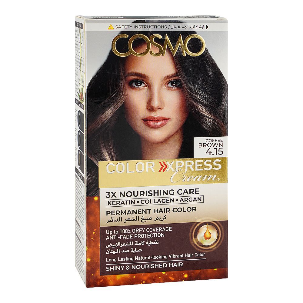 Cosmo Color Xpress 3X Nourishing Care Permanent Hair Color - Salon-Quality Hair Dye, 4.15 Coffee Brown - Main Image