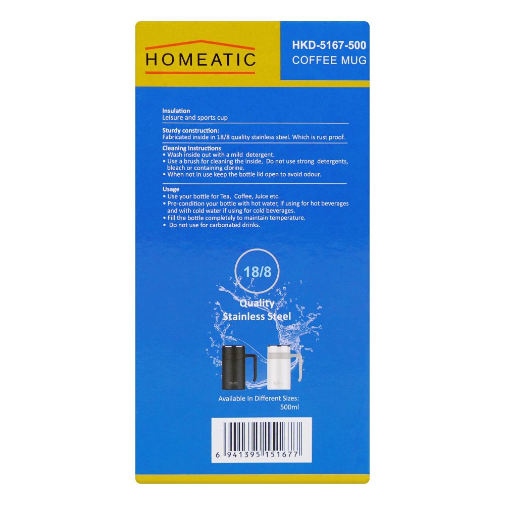 Homeatic Stainless Steel Coffee Mug, 500ml, Black, HKD-5167 - Image 4