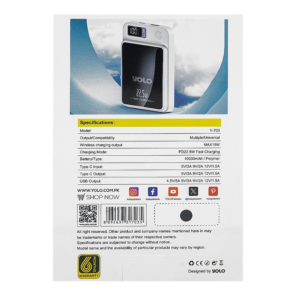 Yolo GoMag Power Bank (10000mAh, 22.5W, Wireless Charging), Black, Y-703 - Image 4