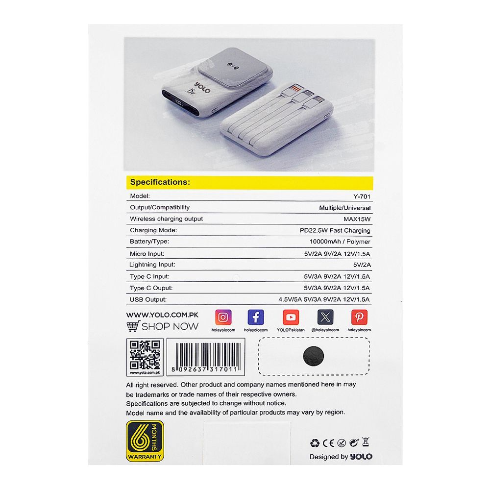 Yolo GoMag Pro Power Bank (10000mAh, 22.5W, Wireless Charging), Black, Y-701 - Image 4