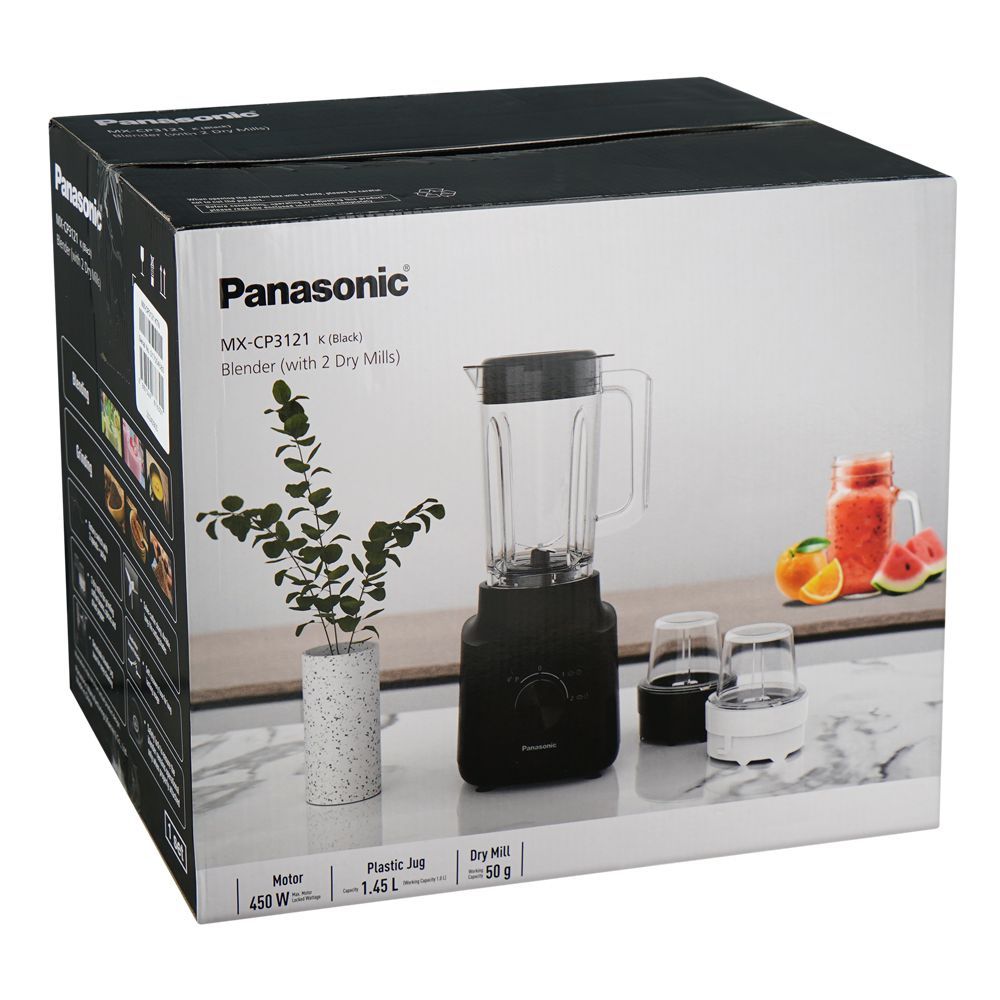 Panasonic Blender With 2 Dry Mills, 450W, 1450ml Liter Plastic Jug, 50g Dry Mill, Black, MX-CP3121 - Image 2