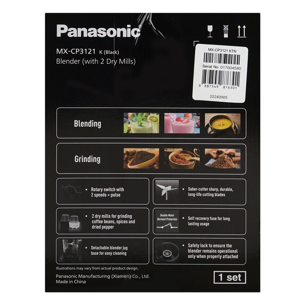 Panasonic Blender With 2 Dry Mills, 450W, 1450ml Liter Plastic Jug, 50g Dry Mill, Black, MX-CP3121 - Image 4