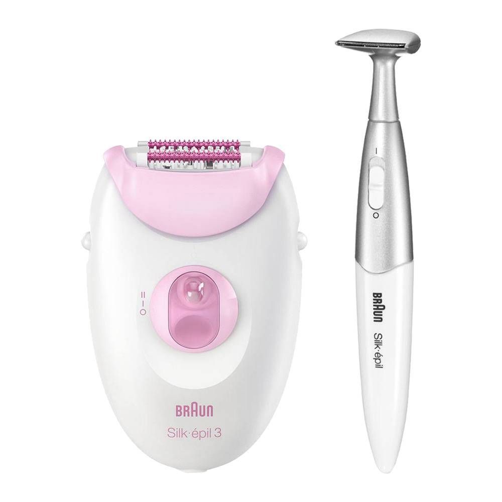 Braun Silk-epil 3 Epilator & Bikni Hair Trimmer For Legs & Body, White & Pink, 3202 - Main Image
