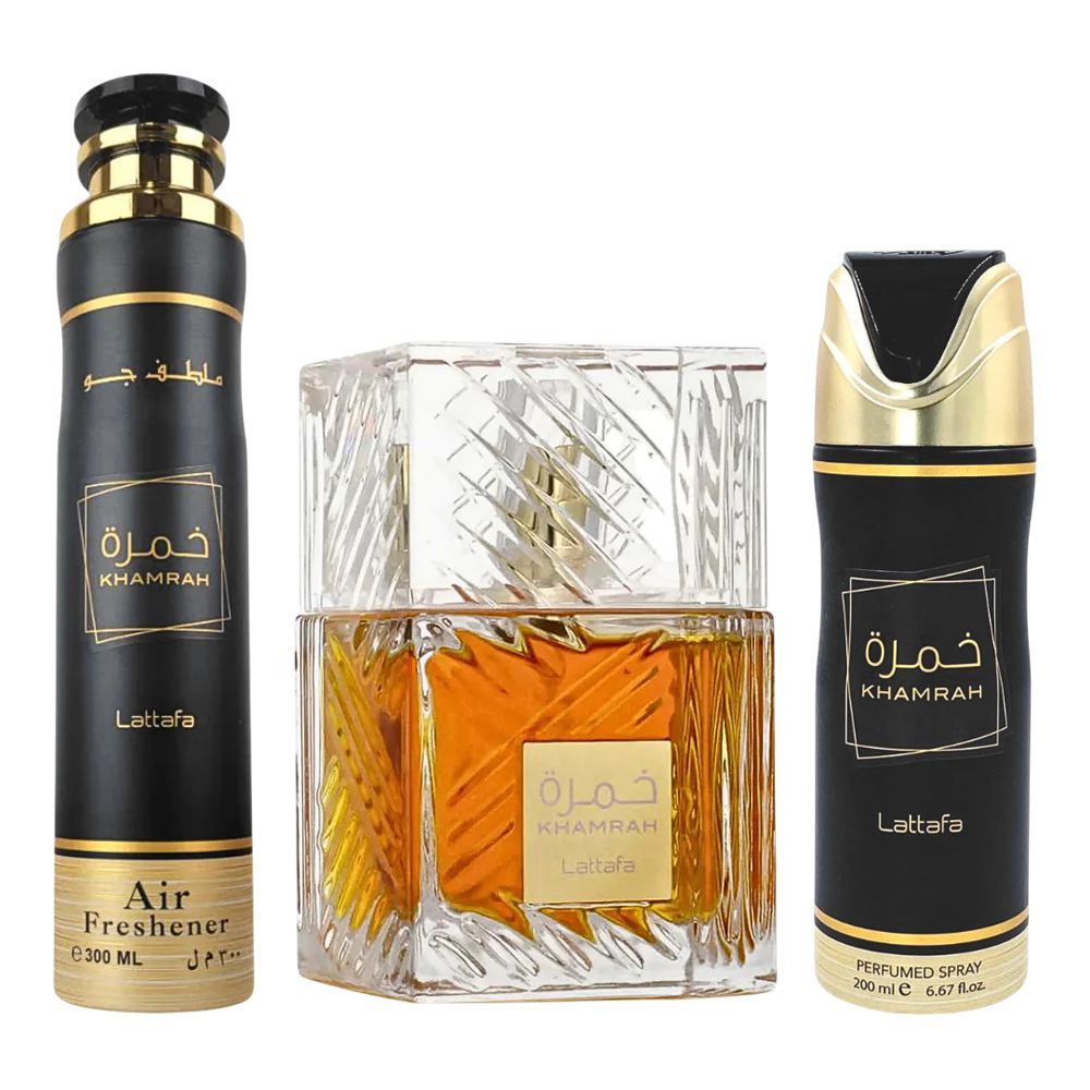 Lattafa Khamrah Gift Set: Eau de Parfum, 100ml+Body Spray 200ml+Air Freshener 300ml, For Men & Women, 3-Pack - Main Image