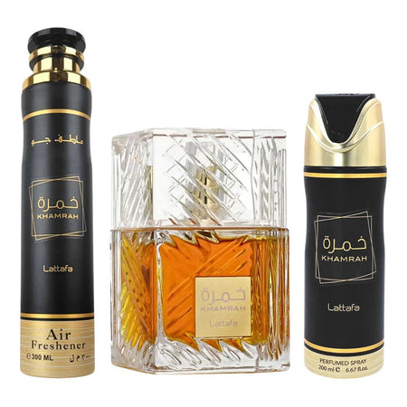 Lattafa Khamrah Gift Set: Eau de Parfum, 100ml+Body Spray 200ml+Air Freshener 300ml, For Men & Women, 3-Pack - Main Image