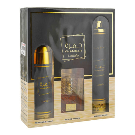 Lattafa Khamrah Gift Set: Eau de Parfum, 100ml+Body Spray 200ml+Air Freshener 300ml, For Men & Women, 3-Pack - Image 2