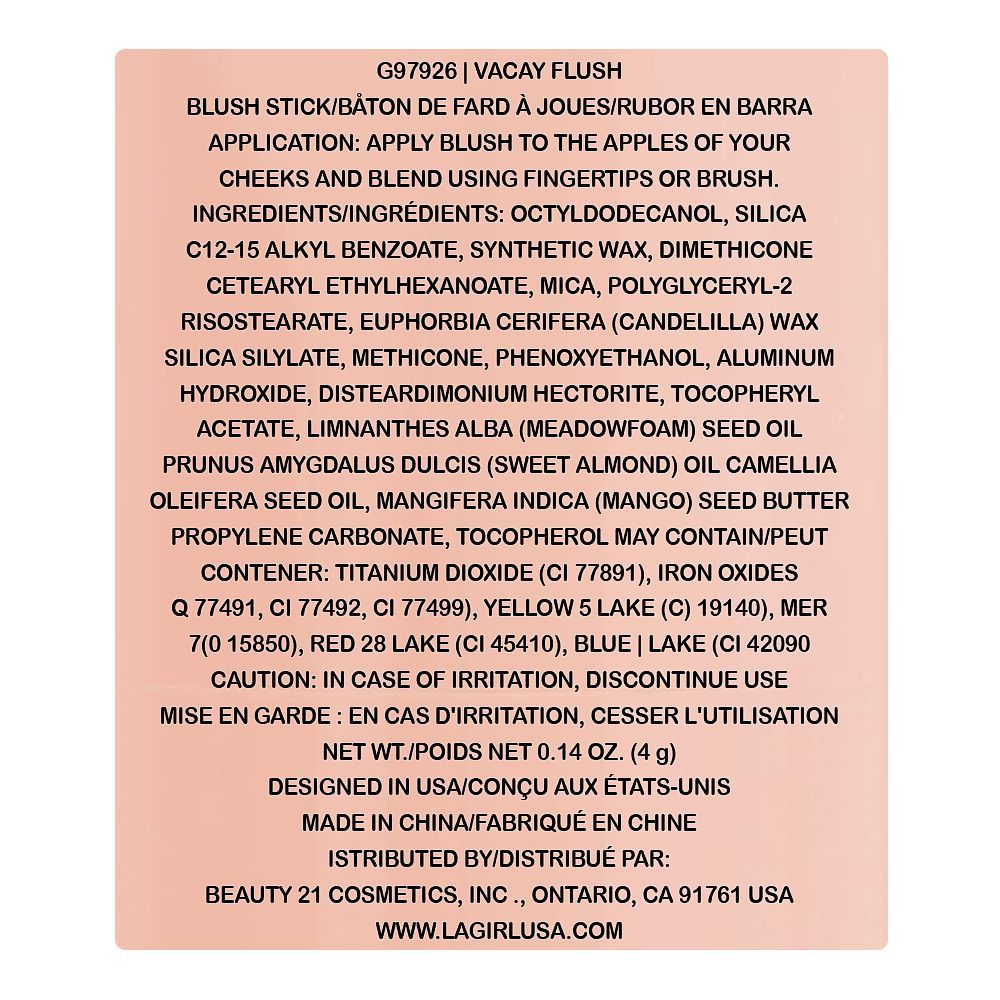L.A. Girl Blush Stick, 4g, G97926 Vacay Flush - Image 3