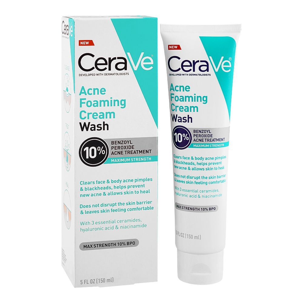 CeraVe 10% Benzoyl Peroxide Acne Foaming Cream Face & Body Wash, 150ml - Main Image