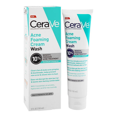 CeraVe 10% Benzoyl Peroxide Acne Foaming Cream Face & Body Wash, 150ml - Main Image