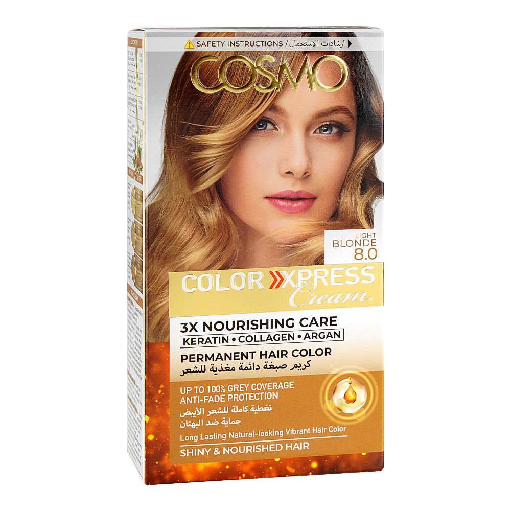 Cosmo Color Xpress 3X Nourishing Care Permanent Hair Color - Salon-Quality Hair Dye, 8.0 Light Blonde - Main Image
