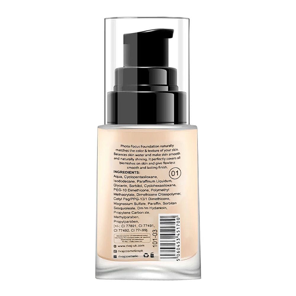 Rivaj UK Photo Focus Liquid Foundation, Matte, Medium Coverage, Oil Free, Long Lasting, 30ml, No. 01 - Image 2