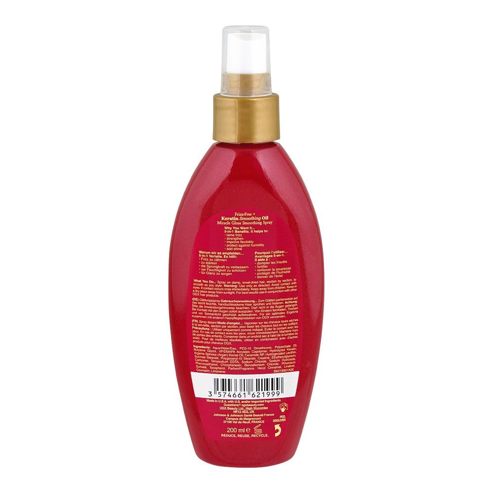 OGX Frizz-Free + Keratin Smoothing Oil Miracle Gloss Hair Spray, 200ml - Image 2