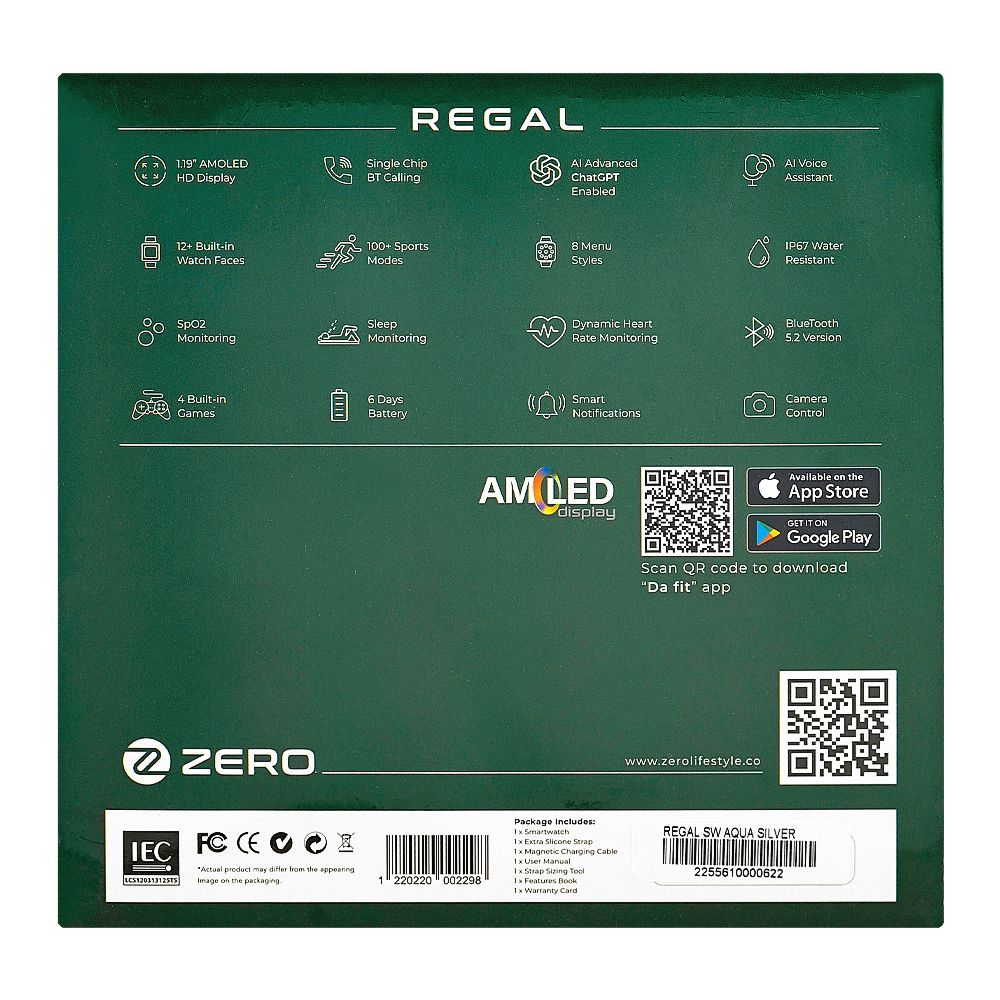 Zero 1.19" Amoled HD Display Platinum Series Regal Smart Watch, IP67 Water Resistant, Aqua Silver - Image 4