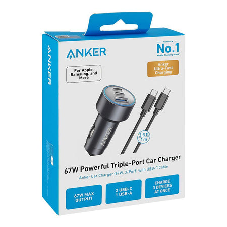 Anker 535 Triple Port Car Charger (67W, 1m Cable), Black, B2731HA1 - Image 2