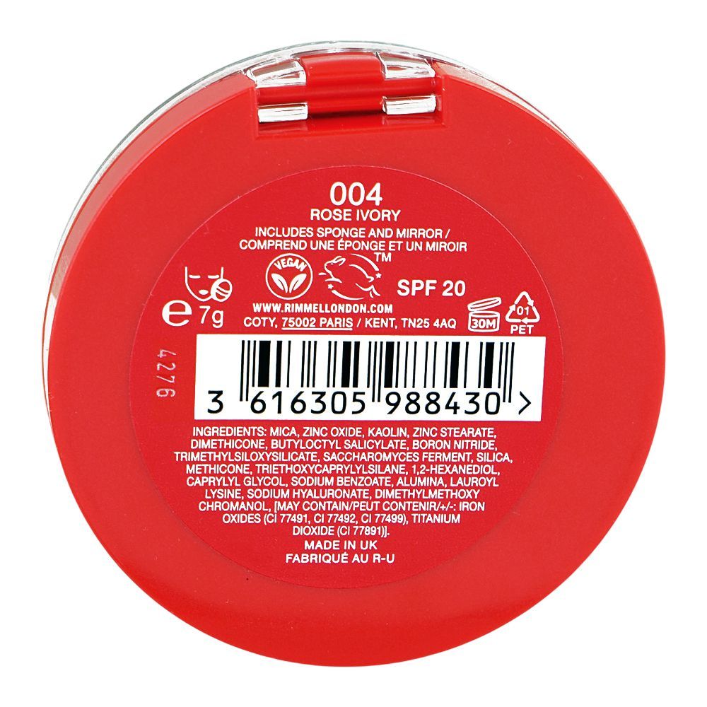Rimmel Lasting Finish 25H Compact Powder Foundation with Hyaluronic Acid, Matte Finish, SPF20, 004 Rose Ivory - Image 5