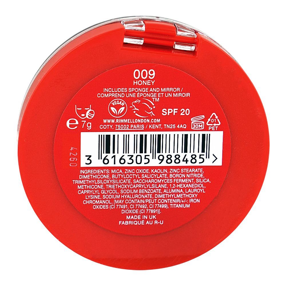 Rimmel Lasting Finish 25H Compact Powder Foundation with Hyaluronic Acid, Matte Finish, SPF20, 009 Honey - Image 5
