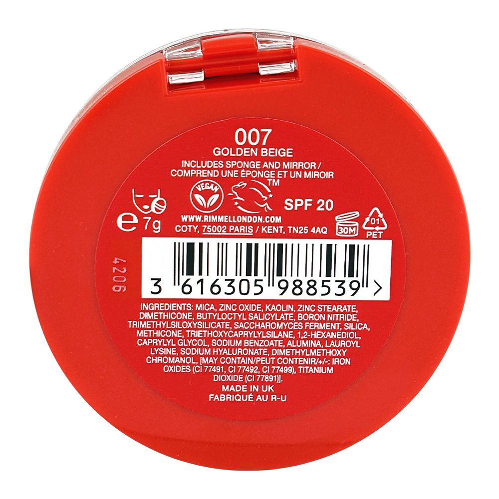 Rimmel Lasting Finish 25H Compact Powder Foundation with Hyaluronic Acid, Matte Finish, SPF20, 007 Golden Beige - Image 5