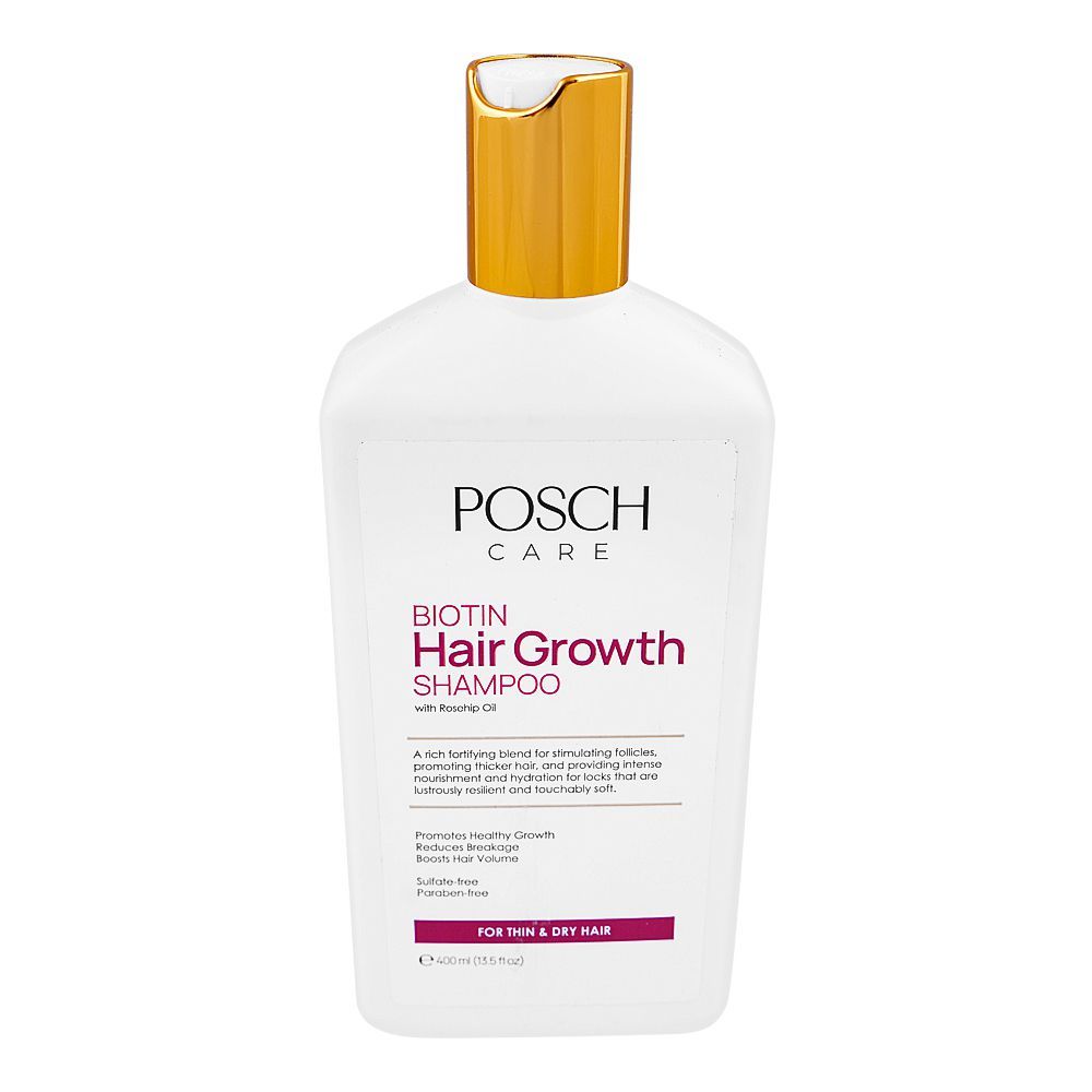 Posch Care Biotin Hair Growth Shampoo with Rosehip Oil, Sulphate & Paraben Free, For Thin & Dry Hair, 400ml - Main Image