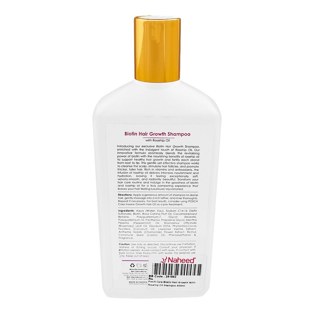 Posch Care Biotin Hair Growth Shampoo with Rosehip Oil, Sulphate & Paraben Free, For Thin & Dry Hair, 400ml - Image 2