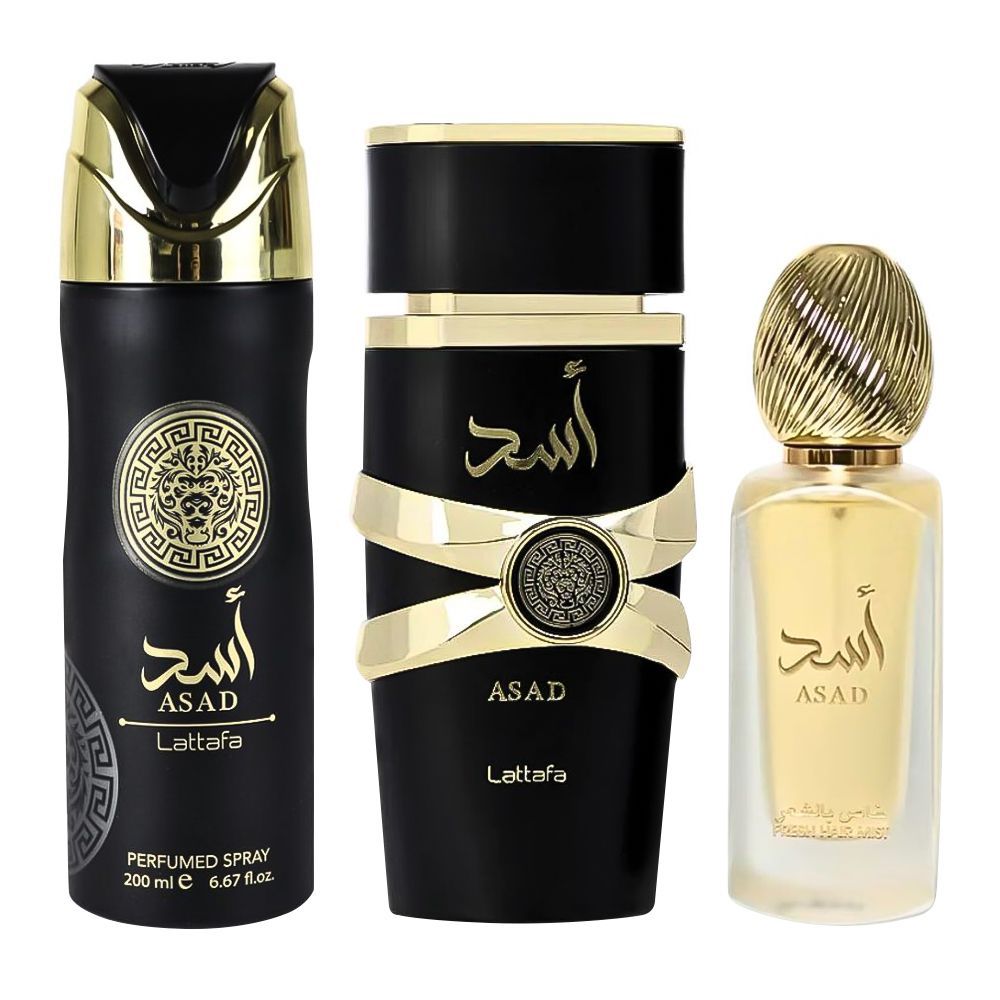 Lattafa Asad Gift Set: Eau de Parfum 100ml+Body Spray 200ml+Air Freshener 300ml, For Women, 3-Pack - Main Image