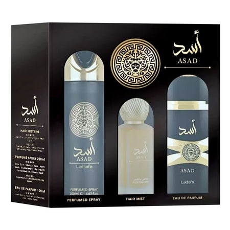 Lattafa Asad Gift Set: Eau de Parfum 100ml+Body Spray 200ml+Air Freshener 300ml, For Women, 3-Pack - Image 2