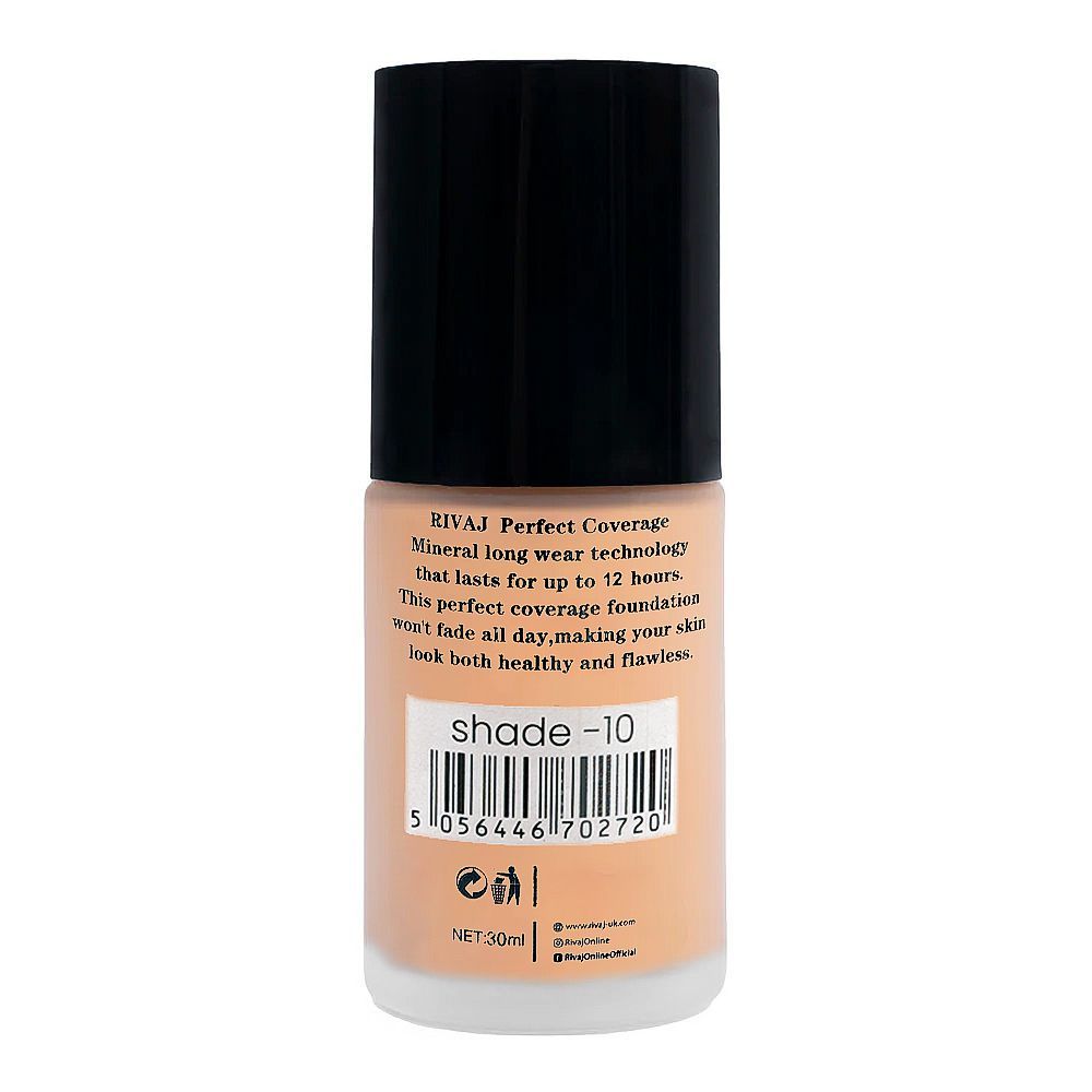 Rivaj UK Perfect Coverage Mineral Liquid Foundation, Oil Free, SPF 8, 12H Wear, 30ml, No.10 - Image 2