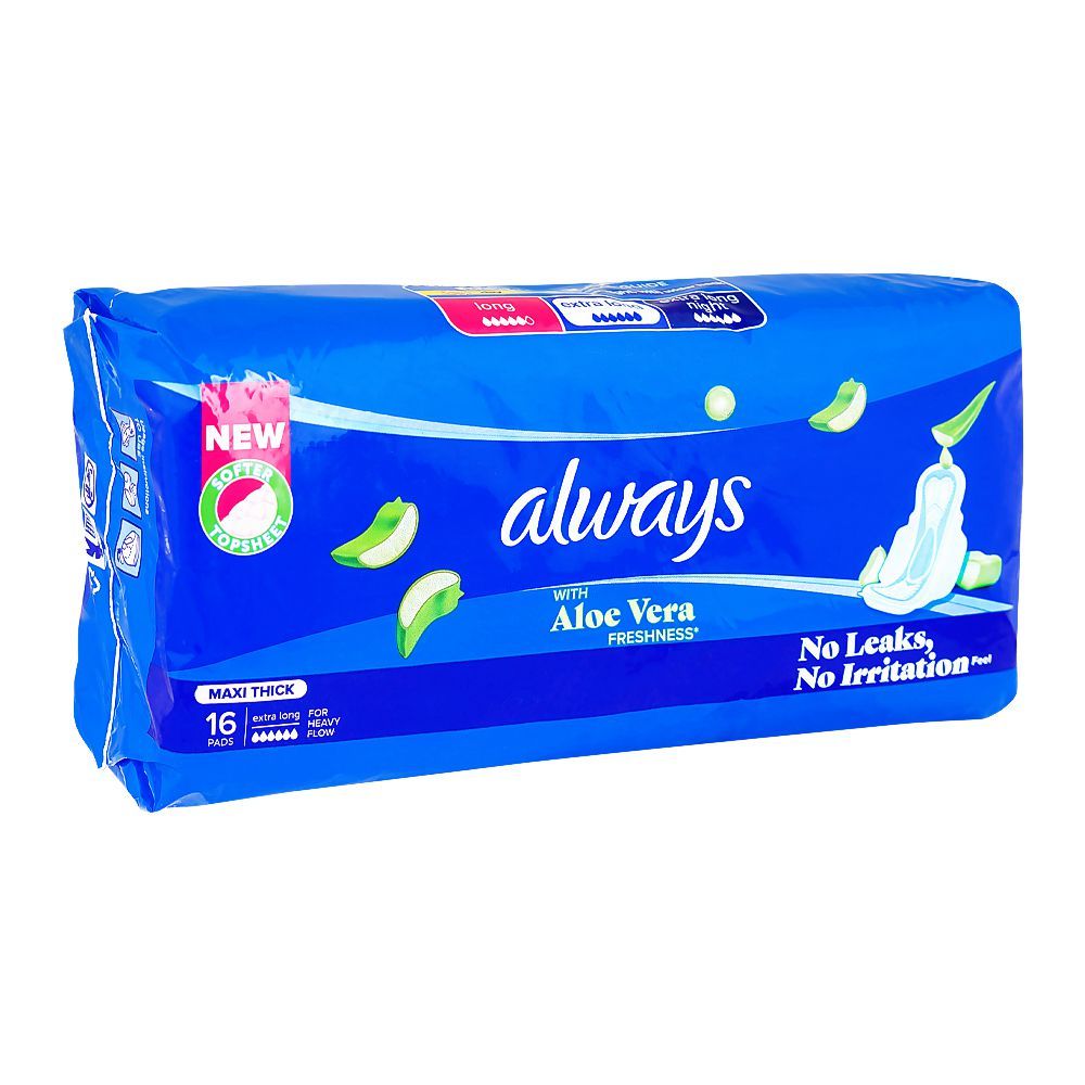 Always Aloe Vera Freshness Maxi Thick Extra Long Pads, 16-Pack - Main Image
