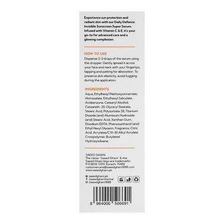 Saeed Ghani Daily Defence Invisible Sunscreen Super Serum, SPF 60, 30ml Image 3