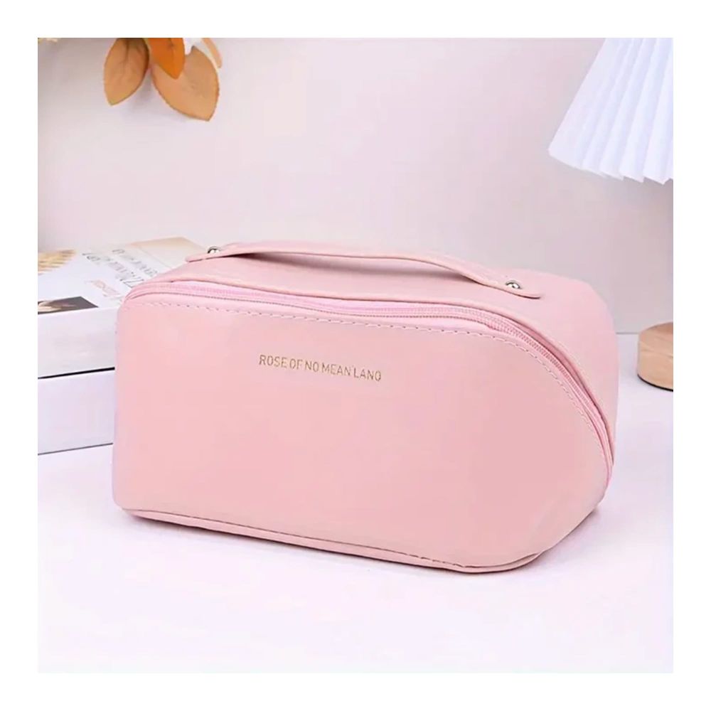 Large Capacity Long Leather Cosmetic Bag, Travel Makeup Organizer, Pink - Main Image