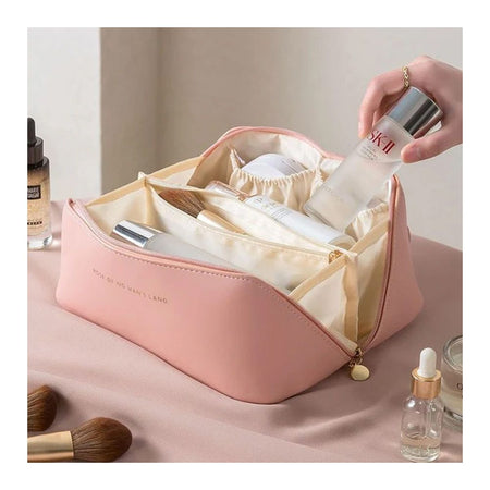 Large Capacity Long Leather Cosmetic Bag, Travel Makeup Organizer, Pink - Image 2