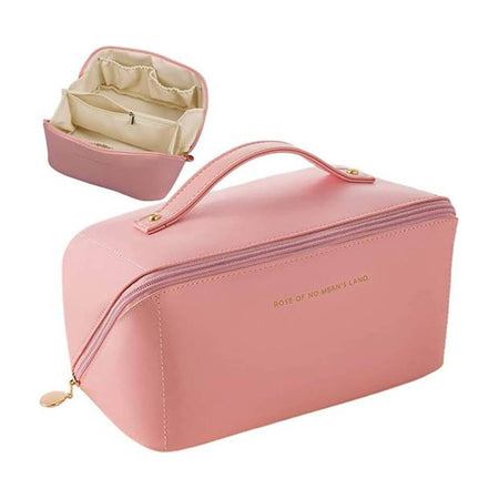 Large Capacity Long Leather Cosmetic Bag, Travel Makeup Organizer, Pink - Image 3