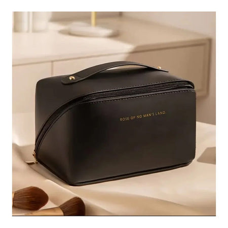 Large Capacity Long Leather Cosmetic Bag, Travel Makeup Organizer, Black - Main Image