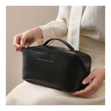 Large Capacity Long Leather Cosmetic Bag, Travel Makeup Organizer, Black - Image 2